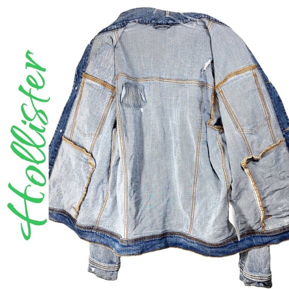 HOLLISTER MEN’s EPIC FLEX DISTRESSED BLUE DENIM JACKET, SIZE LARGE - Picture 4 of 8